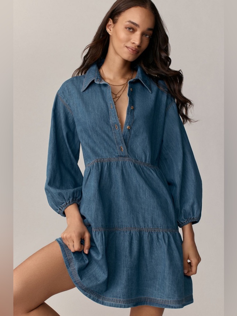 Maeve by Anthropologie The Bettina Tiered Shirt Dress: Mini Edition Denim Button